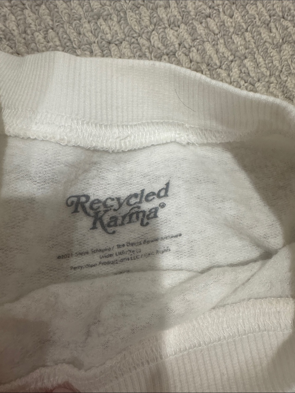 Recycled Karma White Bowie Graphic Crewneck Sweater with Blue & Yellow Accents - Picture 5 of 6